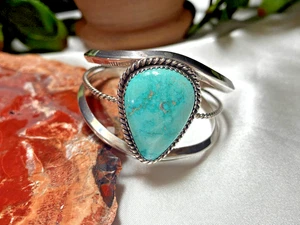Signed Turquoise Gemstone Vintage Navajo Fine Sterling Silver Cuff Bracelet - Picture 1 of 16