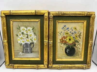 Par De Colección Óleo Sobre Lienzo Madera Dorada Enmarcada Años 60-70 Originales Floral Bodegón Foto 1 de 4