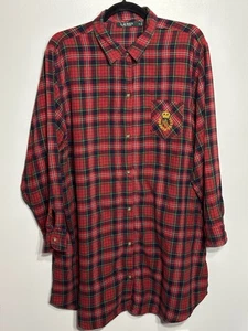 Ralph Lauren Plaid Tartan Nightgown Cotton Size XL Red Plaid~Gold Crest Pocket - Picture 1 of 8