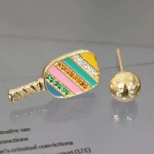Pickleball Paddle & Ball Stud Earrings Colorful Striped Gold Tone Sport - Picture 1 of 3