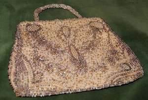 Vintage Embroidered Beaded Evening Bag - Fastener & Handle & Mirror - Picture 1 of 6