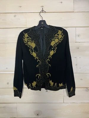 复古 20 世纪 50 年代串珠开衫 Rockabilly 黑色金色羊毛 S 码 — 第 1/4 张图片