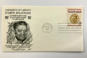 Ramon Magsaysay 50th Anniversary Philippines USA Fleetwood FDC 1957 EE077 - Picture 1 of 7