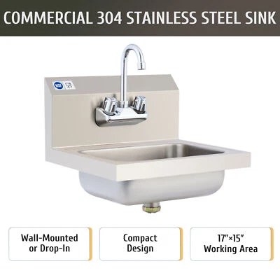 WILPREP NSF 14" Wall Mount Hand Wash Sink Commercial Stainless Utility Basin