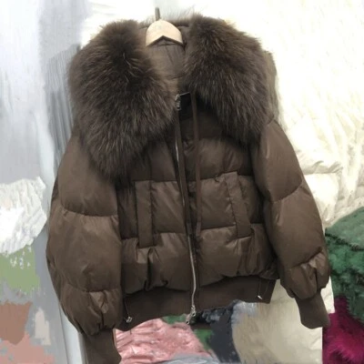 NEW Loose Women Big Fur Hood Real Down Parka Short Thick Parka Jacket Coat - Image 1 of 4