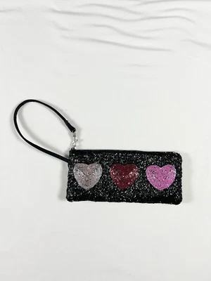 Liz Claiborne Beaded Wristlet Satin Y2K Hearts Black Goth Glam Kidcore Going Out - Image 1 of 4