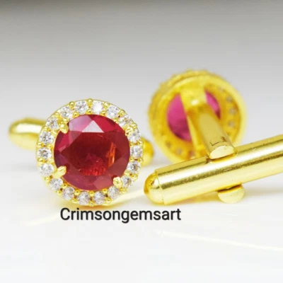 Natural Ruby Gemstone Gold Plated 925 Sterling Silver Cufflinks Gift For Love - Image 1 of 4