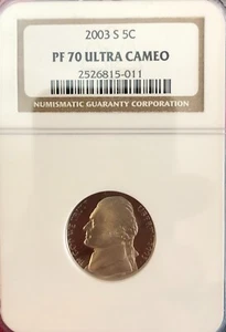 2003-S JEFFERSON NICKEL GRADED PF 70 ULTRA CAMEO BY NGC - Picture 1 of 2