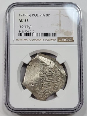 1749 Cob 8 Reales NGC AU55 Potosi Bolivia Assayer q Two Dates! Nice *M29 - Image 1 of 4