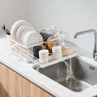 Extendable Dish Drying Rack Cutlery Holder Stainless Steel Kitchen Storage White - image 1 of 4