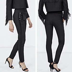 Maje Pauline SatinTuxedo Stripe Fringe Trim Black Low Rise Pants 40 L 10/12 - Picture 1 of 10