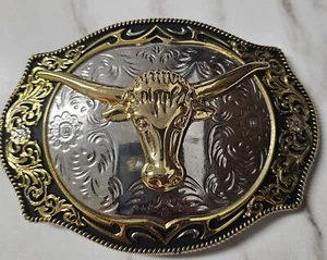 GOLD & SILVER (IN COLOR ONLY) RODEO WESTERN BULL SKULL Metal Belt Buckle - Picture 1 of 6