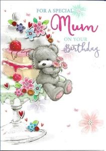 SPECIAL MUM BIRTHDAY GREETING CARD 7"X5" CUTE BEAR SAT ON CAKE - Picture 1 of 2