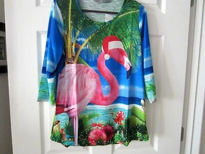 M Jason Maxwell Flamingo Christmas Top-Tropical Santa Flamingo-Embellished-NWT Foto 1 de 4