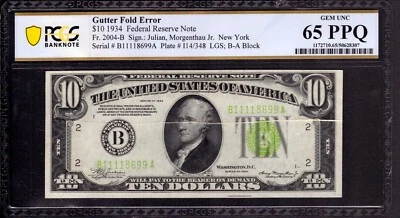 1934 $10 FEDERAL RESERVE NOTE NEW YORK HUGE GUTTER FOLD ERROR PCGS B GEM 65 PPQ - Image 1 of 4