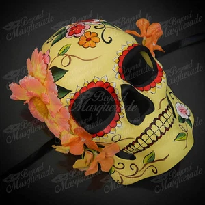 Mens Day of the Dead Full Face Skull Yellow Floral Halloween Masquerade Mask - Picture 1 of 1