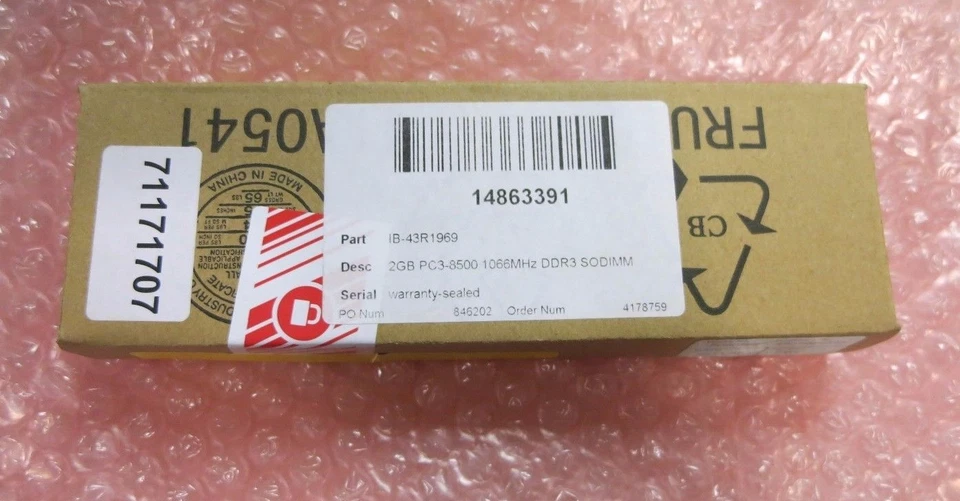 New IBM Lenovo 1 X 2GB DDR3-1066 204 PIN S0-DIMM 43R1969-IN Ram for PC - Image 1 of 2