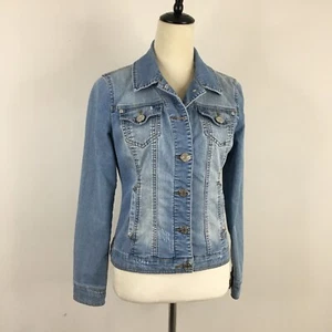 GUESS Womens sz Small/XS Light Wash Distressed Logo Hardware Denim Jacket - Picture 1 of 15