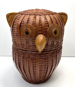 Vintage Wicker OWL Lidded Basket Trinket Box Rattan Wooden Eyes Retro 2 Piece 8" - Picture 1 of 8
