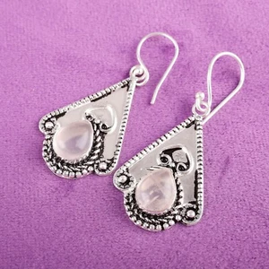 Birthday Gift For Her Rose Quartz Gemstone Drop/Dangle Earrings 925 Silver - Picture 1 of 7