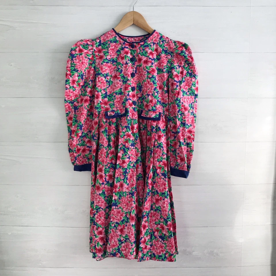 Vintage Plum Pudding Ltd. - Pink & blue floral long sleeve dress, sz 10 - Image 1 of 4
