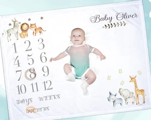 Personalised safari design baby milestone blanket , quality nursery item - Picture 1 of 2