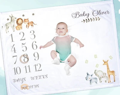 Personalised safari design baby  milestone blanket , quality nursery item - Image 1 of 2