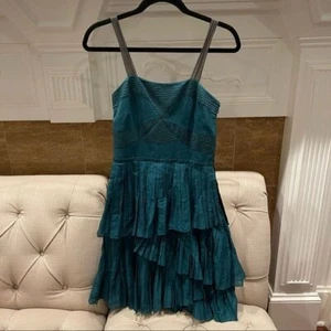 Lavender Label Vera Wang  Hunter Green Cotton/Silk Pleaded Ruffle Dress Sz 4/38 - Picture 1 of 10