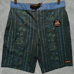Hurley Boardshorts Boys' 14/27 Palm Trees Shark Fins Midnight Teal 8.5" Inseam - Picture 1 of 2