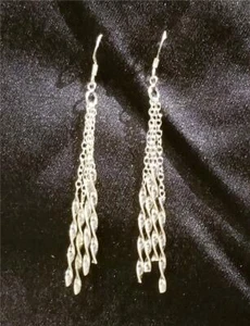 New .925 Sterling Silver 4 Chain Twisted Bar Dangle Earrings - 3" x 1/4" - Foto 1 di 2