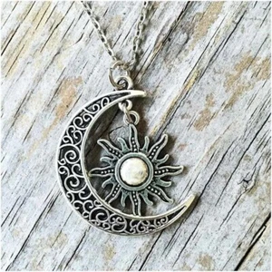 Sun Moon Vintage Boho Dangle Unique Pendant Necklace 925 Silver Plated Fashion - Picture 1 of 2