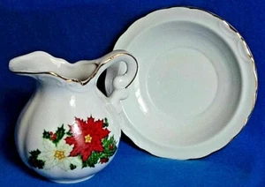 Small Christmas Pitcher & Bowl Set w/Rich Dark Red Poinsettias w/Holly & Berries - Picture 1 of 3