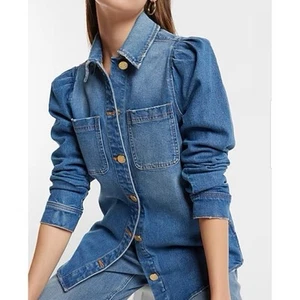 EXPRESS Denim Puff Sleeve Shacket Gold Button Jean Jacket Women’s Size Large - Picture 1 of 16