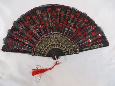 Abanico de mano de tela plegable chino negro y rojo flores brillantes Foto 1 de 4