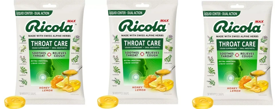 Ricola Max Throat Care Cough Suppressant/Oral Anesthetic Drops Honey Lemon 34 EA