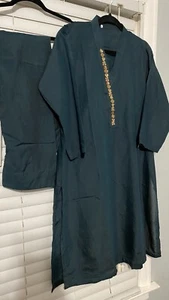Pakistani Beautiful  2Pc matching Outfit Shirt And trouser One Color Neck Emb - Picture 1 of 5