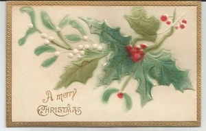 Mistelzweig Stechpalme und Beeren Weihnachten geprägte unbespielte Postkarte - Bild 1 von 2