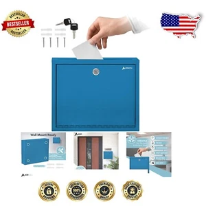 Modern Blue Suggestion Box with Key Lock & Drop Slot for Payments - 3x10x12 Inch - Picture 1 of 11