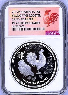 2017 P Australia PROOF Silver Lunar Year of the Rooster NGC PF70 1 oz $1 Coin ER - Image 1 of 4