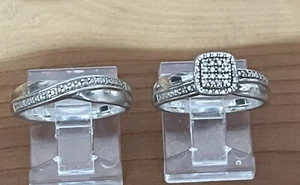 Vintage Engagement 2 Ring Set Sterling 925 Diamond Halo Cluster Bypass Size 7 - Picture 1 of 12