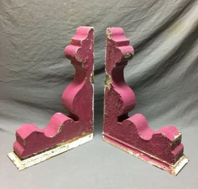 Antique Pair Wood Corbel Roof Bracket Victorian Shabby Magenta VTG Old 78-25B - Image 1 of 4