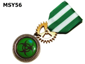 Steampunk Medal pin drape badge brooch warning virus biohazard lockdown #MSY56 - Picture 1 of 5
