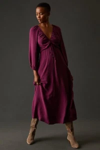 NWT ANTHROPOLOGIE Sz 10 DEEP-V RUCHED MIDI DRESS RASPBERRY - Picture 1 of 3