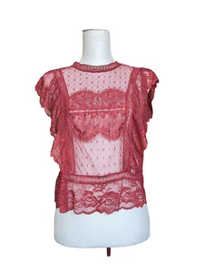 Lace Ruffle Top Size Large Burgundy Sheer - Picture 1 of 3