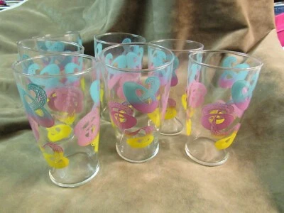 Circa 1950s Mid Century Decorated Glass Tumbler Lot Geometric Blue Purple Yellow Foto 1 de 4