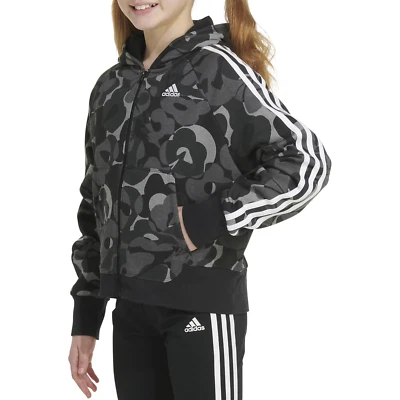 Adidas Girls Zip-Front Essential 3-Stripe Fleece  jacket Black Camo Size L - Image 1 of 4