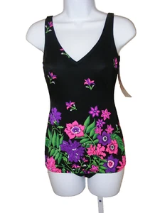 80S SWIMSUIT DOTTY MANN 1PC BLACK TANK DEADSTOCK TUMMY CONTROL BATHING SUIT M - Picture 1 of 9