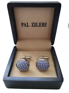 PAL ZILERI  Blue Cross Weave Fabric Round Silver Metal Cufflinks  NIB  RRP £89