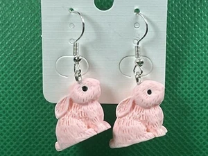 PINK BUNNY RABBIT EARRINGS Silver Dangle Drop Earrings Adorable Fashion Festival - Picture 1 of 3