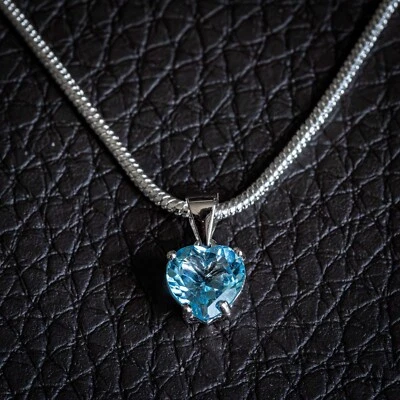 Blauer Topas 1,57Ct Edelstein Anhänger Herzschliff 925 Sterling Silber Halskette - Bild 1 von 4